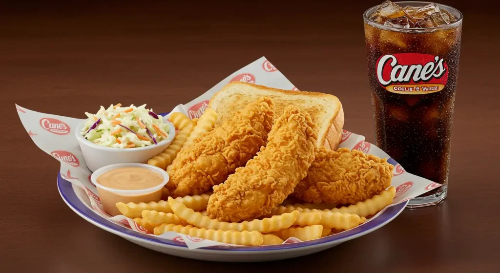 Menu 3 3 Chicken Fingers ,Crinkle _Cut Fries, One Cane's Sauce ,Taxas Toast, Coleslaw, Regular Fountain Drink/Tea (22 oz).