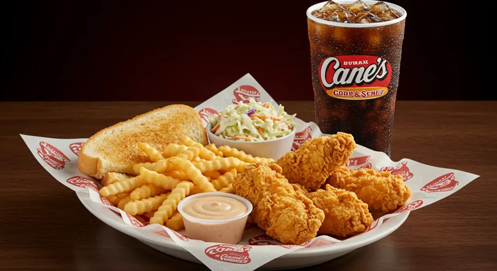 Menu 1 4 Chicken Fingers, Crinkle _Cut Fries, One Cane's Sauce, Taxas Toast, Coleslaw, Regular Fountain Drink/Tea (20 oz).